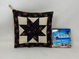 Amish Style Quilt Hot Pad and Beach Scene Hot Plate Tile