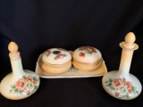 Vintage Matching Porcelain Dresser Set Jar, Hair Receiver, Tray, Bottles