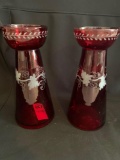 Depression Era Cranberry Glass Vases with Frosted Decoration