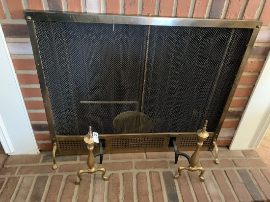 Brass Fireplace Screen and Andirons