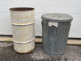 Metal Barrel and Galvanized Trash Can