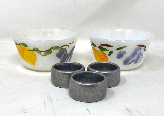 FireKing Milk Glass Bowls & Pewter Napkin Rings