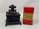 8 O'Clock Coffee Tin Bank and Cast Iron Toy Stove