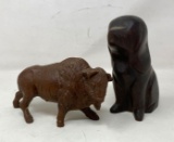 Red Mill Buffalo and Wood Carved Sitting Dog Figures