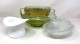 Clear Glass Hen on Nest, Milk Glass Hat and Green Glass Double Handled Bowl