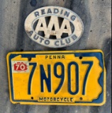 Vintage 1970 Motorcycle License Plate and Reading Auto Club AAA Badge