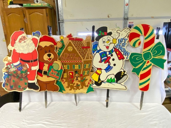 Five Wooden Christmas Yard Stakes