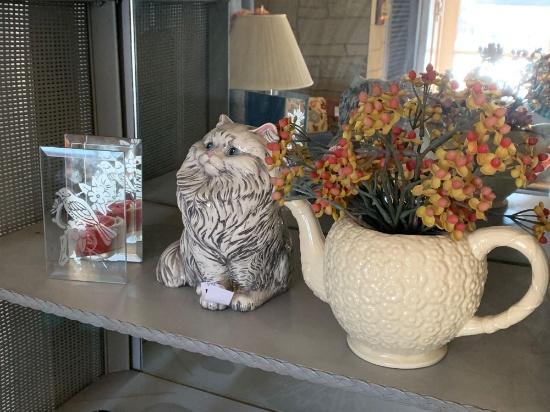 Shelf Lot, Tea Pot Planter, Pottery Cat, Glass Candle Holder