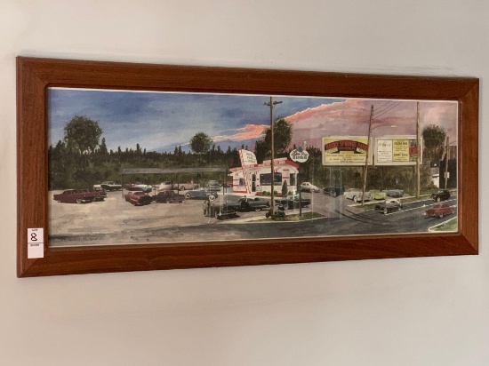 Framed Art Print, 1970's Drive in Restaurant, Classic Cars