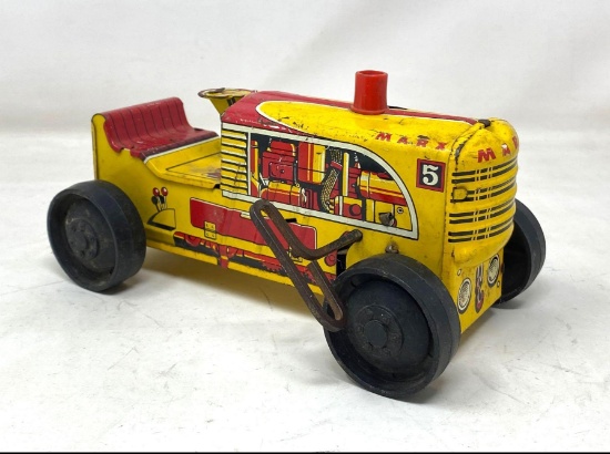 Vintage MARX #5 Red & Yellow Tin MAR Tractor Toy with Wind-Up Motor