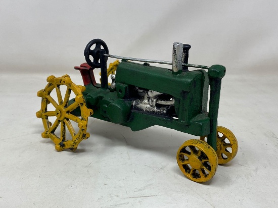 Green Cast Iron Tractor with Yellow Metal Wheels