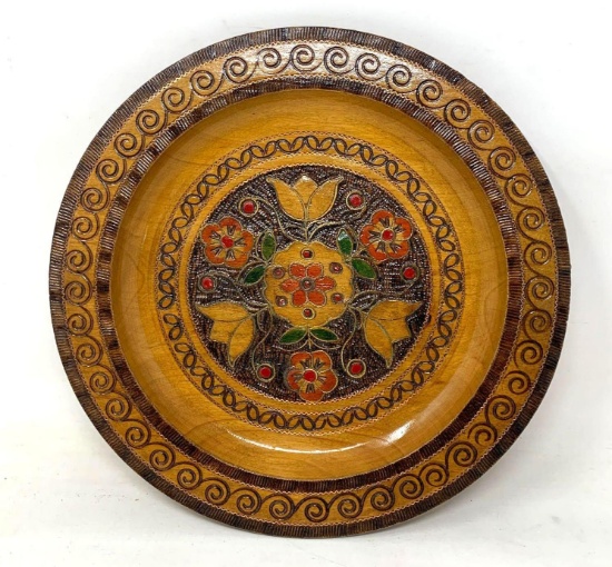 Vintage Wooden Carved Plate with Floral Decoration