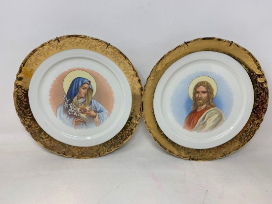 Pair of Decorative Religious Plates, Gold rimmed