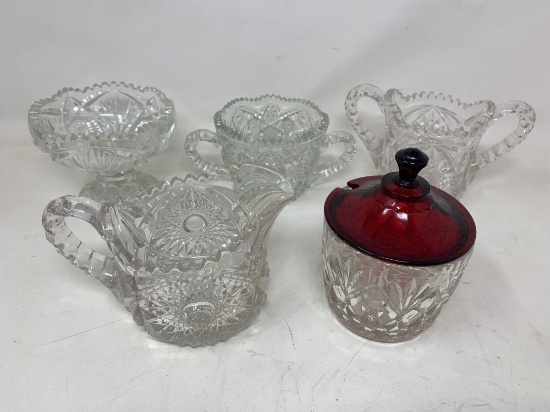 Glass Creamer, Open Sugars and Red Lidded Jam Jar