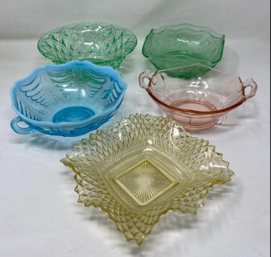 5 Colored Glass Vintage or Depression Era Type Bowls