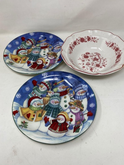 2 Snowman Plates and Floral Decorated Bowl