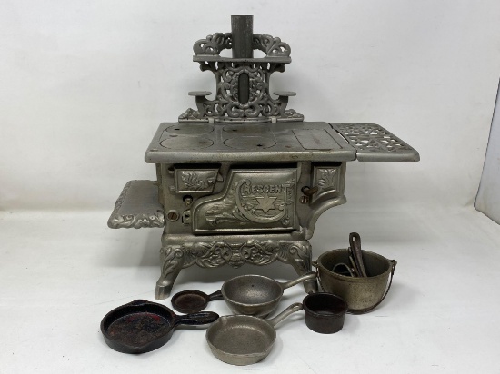 Vintage Miniature Cast Iron Stove with Cookware
