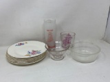2 Glass Bowls, 2 Drink Glasses, 5 Floral Bread Plates