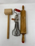 Meat Tenderizer Mallet, Vintage Red Handle Egg Beater and Wooden Rolling Pin