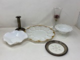 Egg Plate, Milk Glass Bowls, Candlesticks and Plate