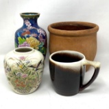 Redware Crock, Dripware Mug, Enameled Vase and Floral Ginger Jar