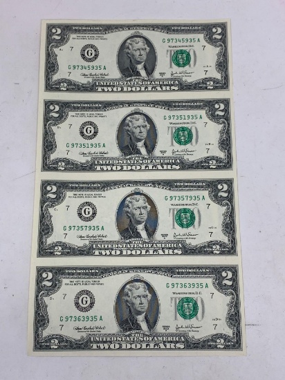 One Sheet of 4 Uncut US $2 Bills