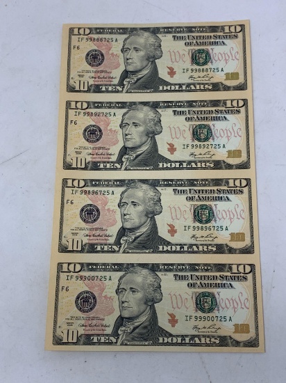 One Sheet of 4 Uncut US $10 Bills