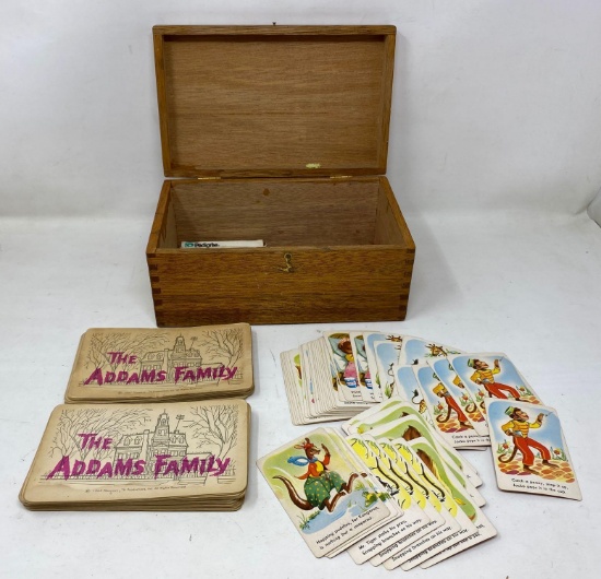 Vintage Addams Family and Other Game Cards, Small Wood Jointed "Treasure" Box