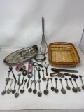 Collector Spoons, Silver plate tray and Tongs, Whisk