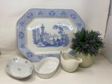 Large Blue Willow Type Platter, Small Serving Dishes, Plant