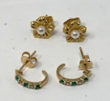 14K Yellow Gold with Emerald and Diamond; 18K YG Floral with Pearl Earrings