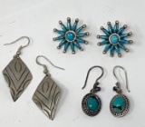 3 Pair Silver Earrings, 2 marked Sterling, 2 with Turquoise