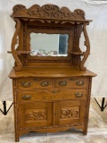 Very Ornate Antique Oak Server with Ornate Backsplash, Original Mirror.