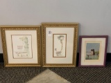 2 Gilt Framed Bathroom Prints and Framed Print of Girl & Dog on a Bench