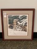 Framed Watercolor Winter Scene of Snow Covered Bike Leaning on Stone Wall, by Richard Bollinger