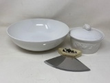 White Ceramic Bowl, Lidded Casserole and Cutter with Moose Decorated Handle