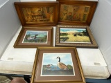 5 Framed Prints- Geese, Ducks, 2 Buildings and Town Scene with Railroad Tracks