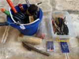 Bucket with Hand Tools, Gloves, Tote with Tools and Scissors, Wire Brush, Screwdrivers, Paint Roller