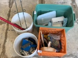 Plastic Tote, Milk Crate and Two Buckets with Plate Hanger, Dust Pans & Brushes, Snow Brush, More