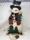 Wood Craft Snow Man with Electric Lighted Candle