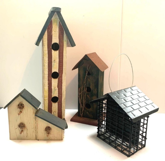 3 Decorative Bird Houses and Suet Feeder