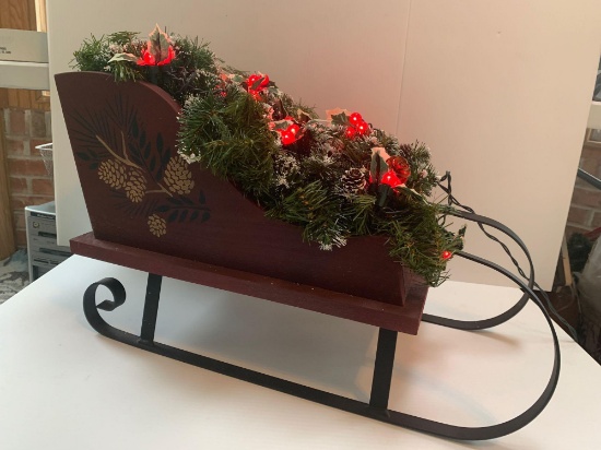Wood Stenciled Sleigh with Iron Runners, Christmas Decoration