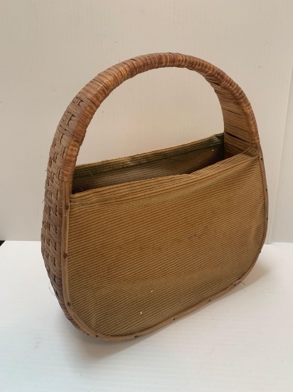 Vintage Fabric Handbag with Basket Woven Frame