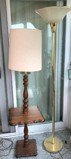 Floor Lamp/Table with White Fabric Shade and Brass Floor Lamp with Plastic Shade