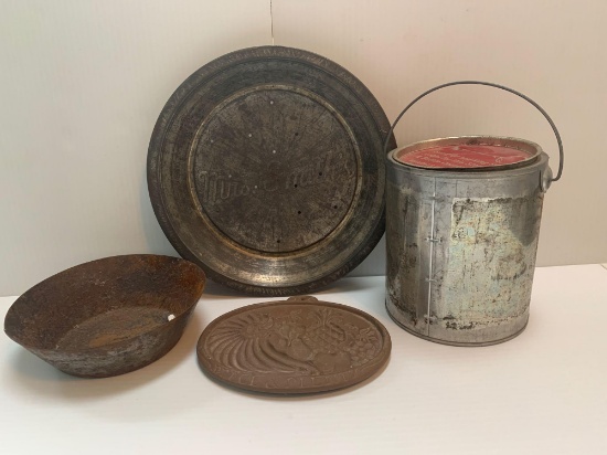 Vintage Baking Tins, Bucket and Warming Bread Stone