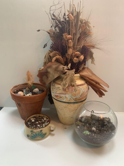 Plant Containers and Dried Floral Arrangement