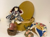 Shaker Box with Fabric Doll, Grapevine Basket, Bird Figure, Longaberger Basket with Salt Dough Items