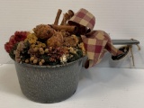 Gray Agate Sauce Pan with Dried Floral Arrangement, Cinnamon Sticks and Plaid Bow