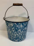 Antique Vintage Blue & White Swirl Agate Pail with Wood and Wire Handle