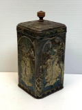 Decorative Hinge-Lidded Tin with Figural Scenes